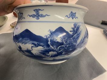 A Chinese blue and white censer with a mountainous landscape, Kangxi